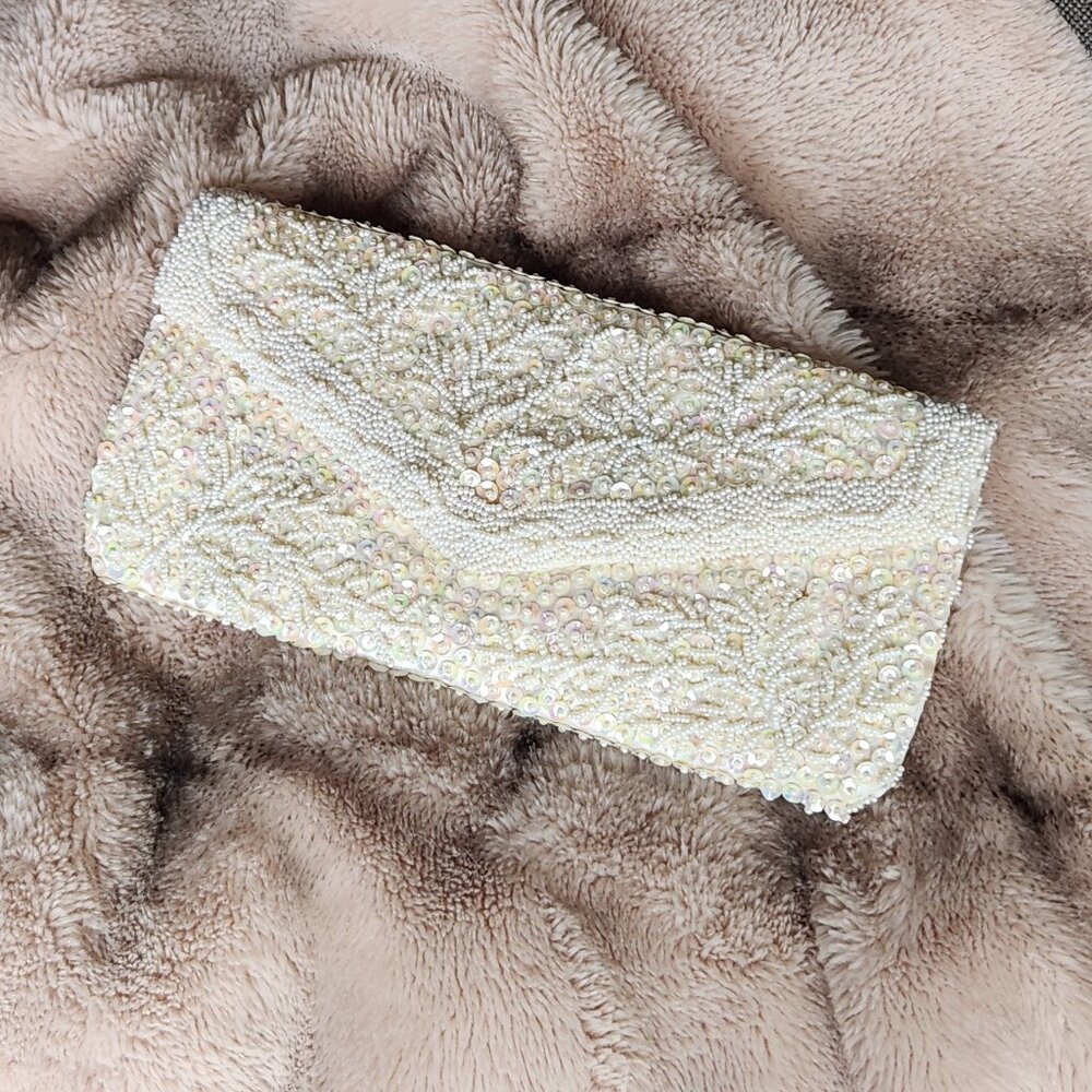 Vintage Ivory/Cream Beaded Clutch Handbag Snap Close
